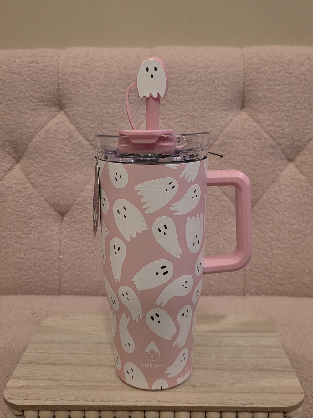 Pink Ghost Print Travel Mug with Handle By Wellness